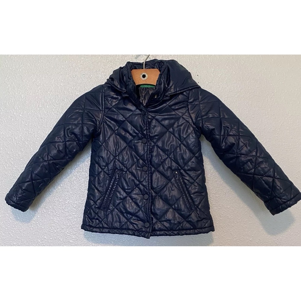 Benetton Puffer Jacket Youth 3-5 Yrs Blue Shiny Hooded Warm